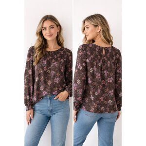 Summersalt Floral Smocked Blouse Brown & Pink Cotton L